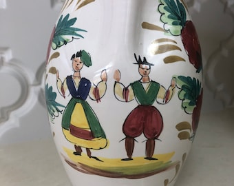 Vintage Hand Painted Tall Pitcher and or Vase European Couple Colorful Folksy Italy