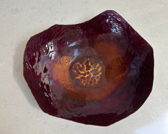 Mid Century Modern Enamel on Copper Bowl Free Form Deep Magenta