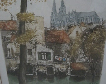 French Hand Colored Etching on Paper Chartres, France Matted and Framed 12x17