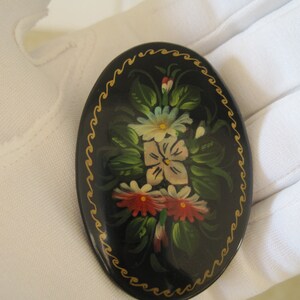 Vintage Brooch Pin Glove Pin Hat Pin Scarf Pin Hand Painted Black Lacquer Mother of Pearl Russia image 2