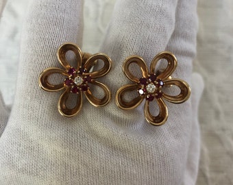 Estate Vintage Ruby Diamond 14k Gold Earrings Mod 1960s Flowers