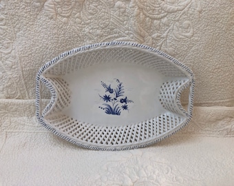 Vintage Reticulated Dish Tray Hand Painted Portugal Blue and White