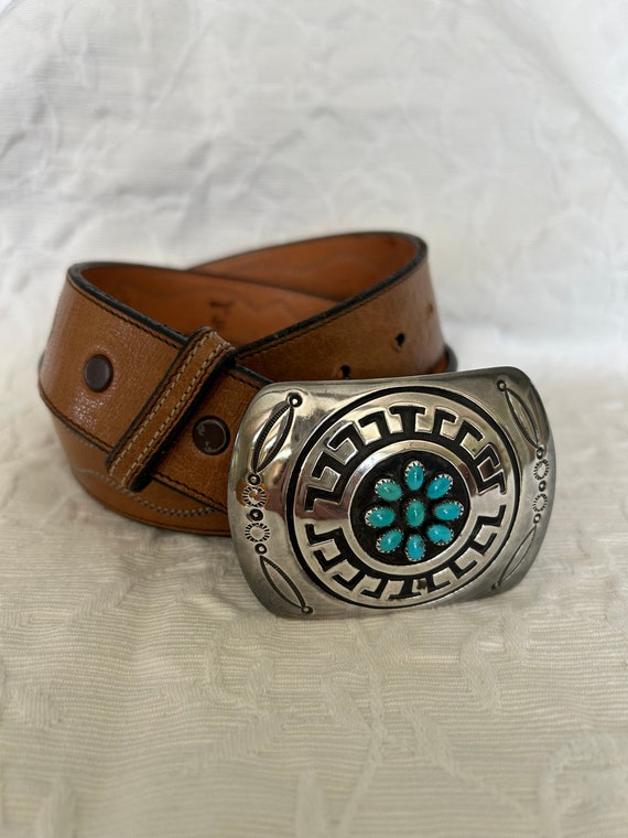 Sterling Silver & Hand Tooled Leather Belt by Rosco Scott