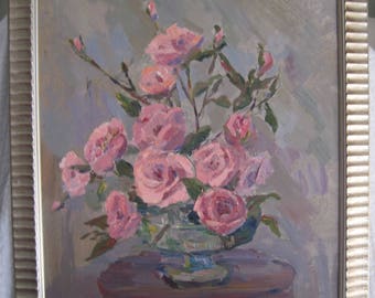 Oil on Board Mid Century Still Life  Floral Roses Signed Listed California Artist Doris Rohr 16x20 FRAMED