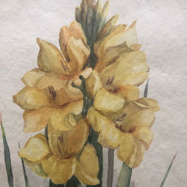 Original Watercolor by Early California Artist Alice M Chew aka Alice M Hatch Floral Circa 1920s Yellow Gladiolus