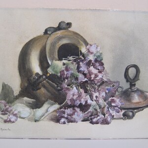 Antique Watercolor Still Life Floral Violets Copper Container Signed M.E. Roberts image 2