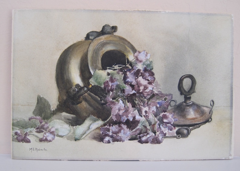 Antique Watercolor Still Life Floral Violets Copper Container Signed M.E. Roberts image 2