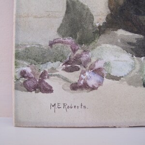 Antique Watercolor Still Life Floral Violets Copper Container Signed M.E. Roberts image 3