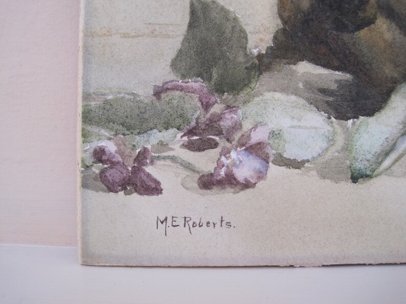 Antique Watercolor Still Life Floral Violets Copper Container Signed M.E. Roberts image 3