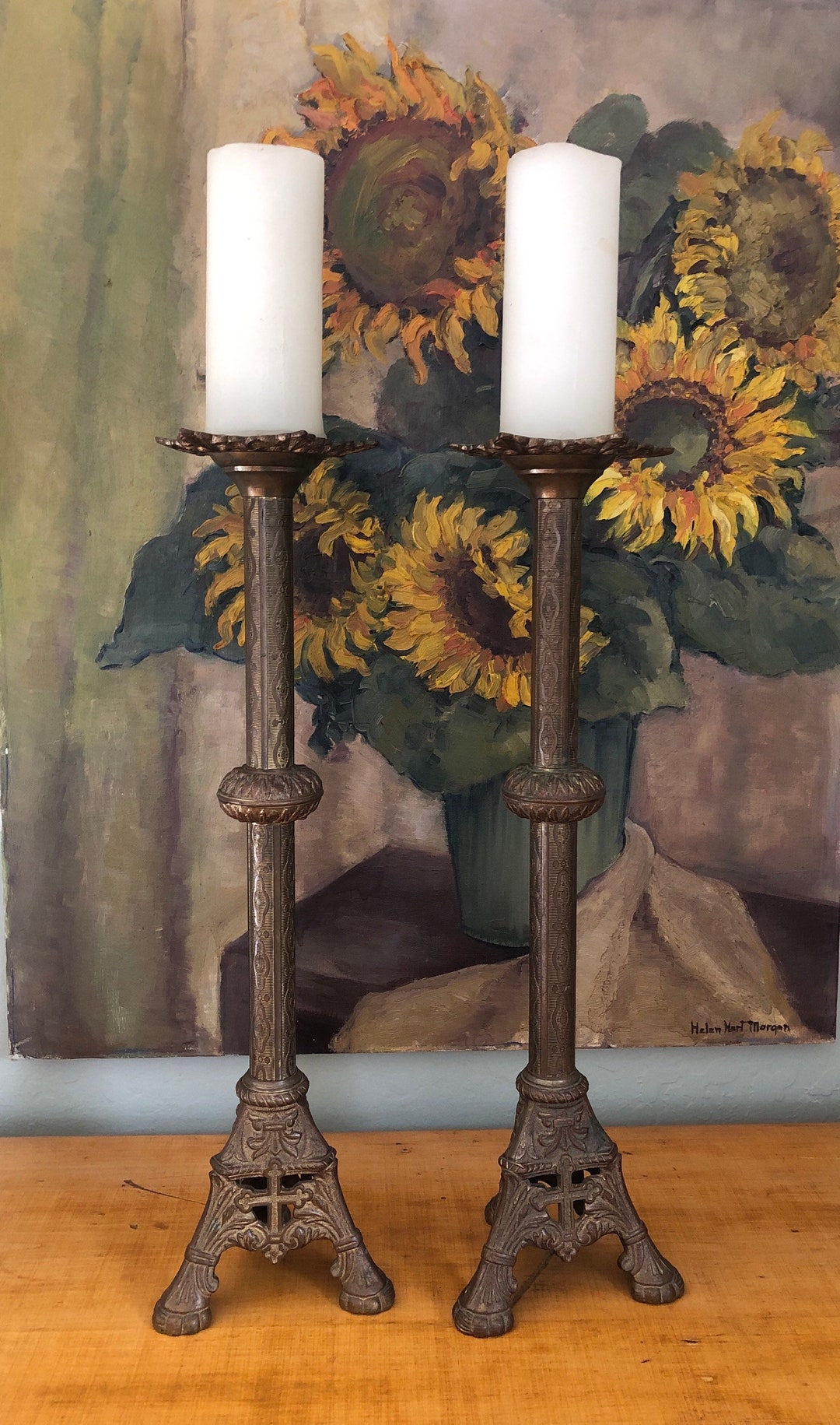Antique Brass Altar Candlestick Holders a Pair Etsy
