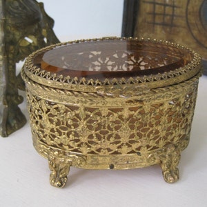 Ormolu Filigree and Glass Vanity Dresser Box Hinged Lid Jewelry Casket