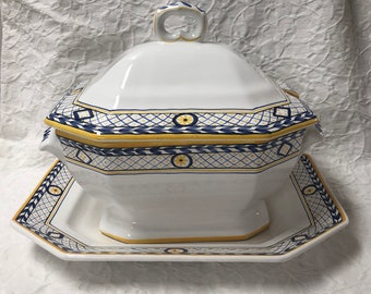 Large Lidded Serving Tureen with Large Platter Real Ceramica Portugal Blue Yellow on White