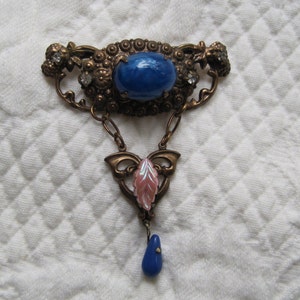 Czech Brooch Pin Art Nouveau Blue Pink Art Glass image 1