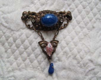 Czech Brooch Pin Art Nouveau Blue Pink Art Glass