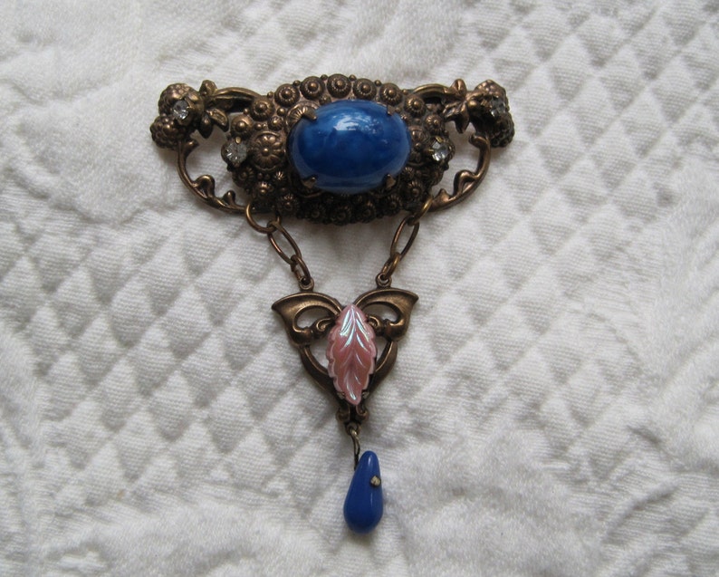 Czech Brooch Pin Art Nouveau Blue Pink Art Glass image 1