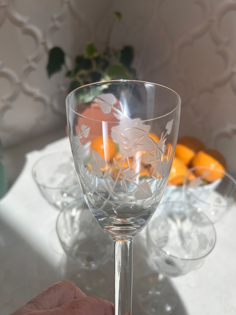 Set of 6 Vintage Etched Wine Beverage Glasses Stemware image 2