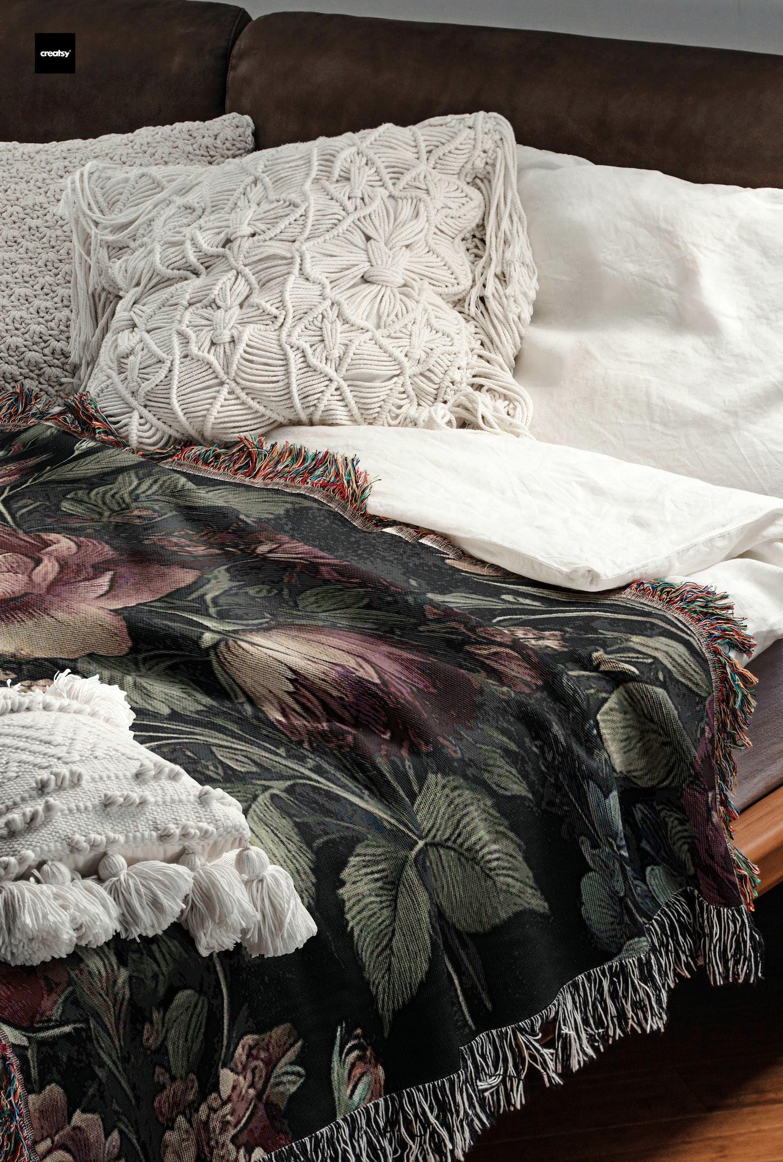 Dark Floral Woven Throw Blanket