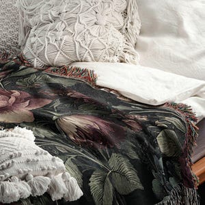Dark Floral Woven Throw Blanket | Vintage Rose and Peony Pattern Cotton Jacquard | Boho Home Decor