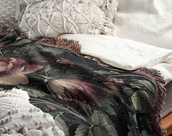 Dark Floral Woven Throw Blanket | Vintage Rose and Peony Pattern Cotton Jacquard | Boho Home Decor