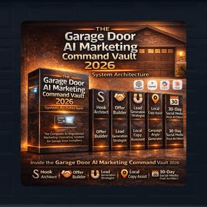 May include: An advertisement for "The Garage Door AI Marketing Command Vault 2026." The image features a dark, stylized design with text and icons. The text includes "System Architecture" and various marketing-related terms like "Offer Builder" and "Local Copy Assist."