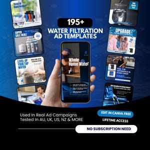 Op de afbeelding: Een promotieafbeelding voor waterfiltratiesystemen. De afbeelding toont een smartphone met een advertentie voor "Whole Home Water", omringd door kleinere advertenties. Tekst omvat "195+ Water Filtration Ad Templates" en "Edit in Canva Free."