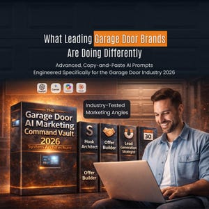 Puede incluir: Imagen promocional de marketing de IA para la industria de puertas de garaje. Muestra a un hombre usando una laptop, con un gráfico de una bóveda etiquetada como "Garage Door AI Marketing Command Vault 2026." Texto: "Advanced, Copy-and-Paste AI Prompts."