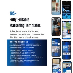 Op de afbeelding: Promotieafbeelding voor waterfiltratiebedrijven. De afbeelding toont smartphone-mockups met marketingtemplates. Tekst bevat "195+ Volledig bewerkbare marketingtemplates" en "Bonus Freebies" met marketingbronnen.