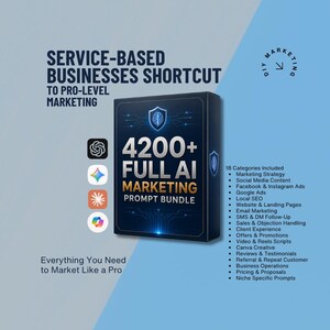 Puede incluir: Un paquete de marketing digital con el texto "4200+ FULL AI MARKETING PROMPT BUNDLE" en una caja negra. La imagen incluye iconos de varias plataformas y enumera 18 categorías, incluyendo estrategia de marketing y contenido de redes sociales.