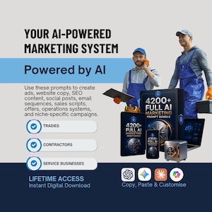 Puede incluir: Imagen promocional para un sistema de marketing impulsado por IA. La imagen presenta el texto "YOUR AI-POWERED MARKETING SYSTEM" y "Powered by AI". Incluye un paquete de productos, un smartphone y un portátil. También aparecen dos personas con ropa de trabajo.