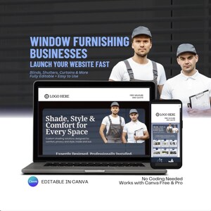 Può includere: Immagine promozionale per aziende di arredamento per finestre. L'immagine presenta un laptop e uno smartphone che mostrano mockup di siti Web, con il testo: "Window Furnishing Businesses, Launch Your Website Fast". L'immagine include anche due uomini in abiti da lavoro.