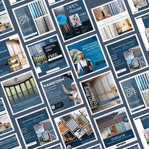 May include: A selection of promotional flyers for window coverings, showcasing images of blinds, shutters, and installation experts. The flyers use a blue and white colour scheme and include text such as "10% Off", "Special Offer", and "Clearance Sale".