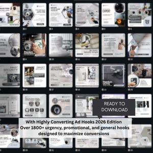 May include: A grid of security-themed promotional graphics with text, including "Smart Security" and "Expert Installation." A banner reads "Ready to Download." Below, text states "With Highly Converting Ad Hooks 2026 Edition."