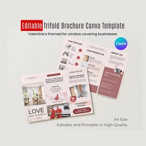 Könnte beinhalten: Eine Vorlage für eine dreifach gefaltete Broschüre zum Valentinstag für Unternehmen, die Fensterabdeckungen anbieten. Die Broschüre enthält Bilder von Fensterabdeckungen, Text und das Canva-Logo. Die Broschüre hat das Format A4 und ist bearbeitbar und in hoher Qualität druckbar.
