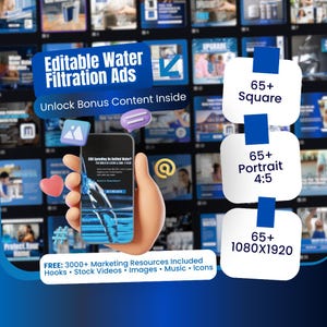 May include: A promotional graphic for water filtration ads. The image features a smartphone displaying a water-related advertisement, accompanied by icons and text. The background includes various ad formats and the text "Editable Water Filtration Ads".