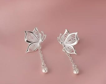 Pure Silver Filigree Butterfly Drop Earrings | Delicate Boho Nature Jewelry Bridesmaid Gift For Her