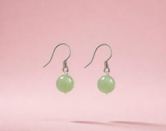 Green Jade Sterling Silver Earrings, Handmade Dangle Gemstone
