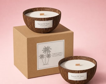 Vela de cáscara de coco: Vela de cera de soja con aroma tropical y mecha de madera.