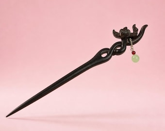 Wooden Hair Pin, Carved Flower Hair Stick with Jade Pendant & Silver, Handmade Chinese Hairpin