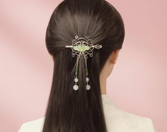Jade Hair Stick, Silver Floral Hairpin with Agate Tassels