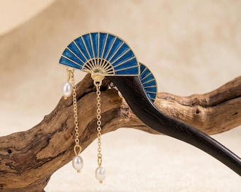 Bastoncino per capelli in legno di sandalo, forcina per capelli in smalto blu, forcina per capelli cinese Hanfu, regalo di gioielli per capelli asiatici