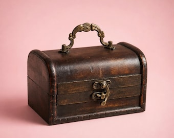 Vintage Wooden Treasure Chest Jewelry Box | Antique Keepsake Storage with Brass Hardware