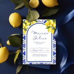 Faire-part de mariage Méditerranéen - Dolce Vita - Citron et Bleu - Modèle personnalisable à imprimer - Invitation mariage italien