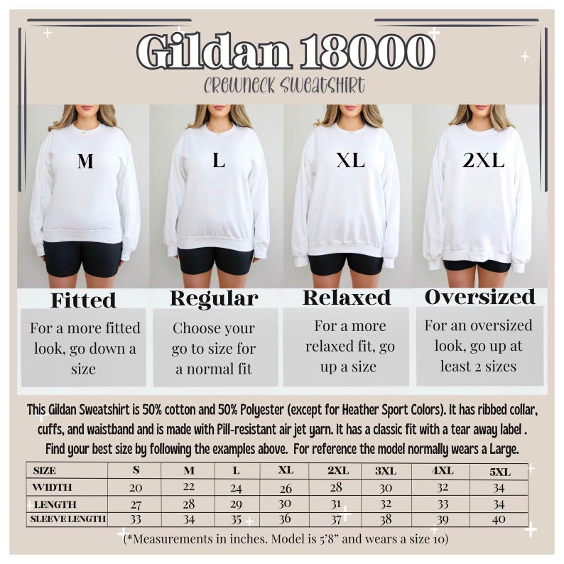 May include: Size chart for Gildan 18000 crewneck sweatshirts. The chart shows the width, length, and sleeve length in inches for sizes S through 5XL. The chart also includes a description of the fit for each size: fitted, regular, relaxed, and oversized.