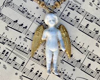 Antique Porcelain Frozen Charlotte Angel Pendant Necklace with Gold Wings