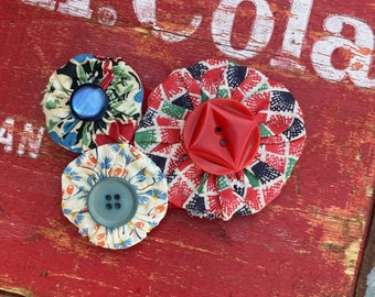 Handmade Feedsack Fabric Mini Print Calico Vintage Button Pin Brooch Up Cycled Repurposed Eco Friendly Materials