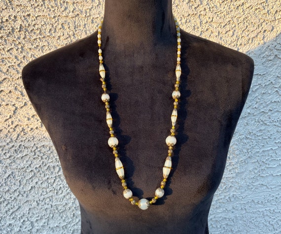 Vintage Frosted Glass Bead Necklace with Brass Fi… - image 1