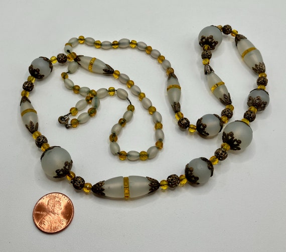 Vintage Frosted Glass Bead Necklace with Brass Fi… - image 3