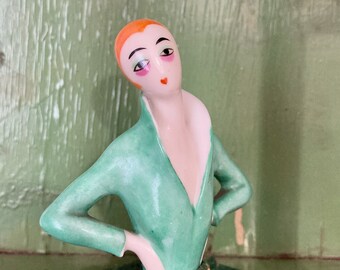 Stylized German Made Porcelain Flapper Girl Half Doll Pincushion Pin Keep