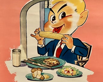 Vintage 1954 Mid Century Modern MCM Poster Dinner Time Kitchen Wall Art