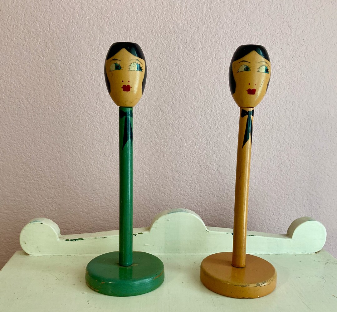 Vintage Hand Painted Wooden Doll Head Hat Stand Flapper Girl Etsy